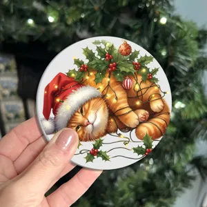 Round Christmas cat coaster with festive holiday design, perfect table drink mat for winter.