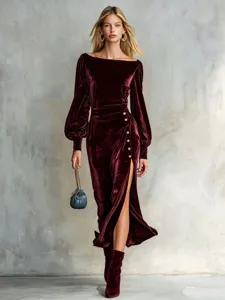 Elegance velvet off-shoulder midi dress with lantern sleeves, side slit and chic gold buttons.