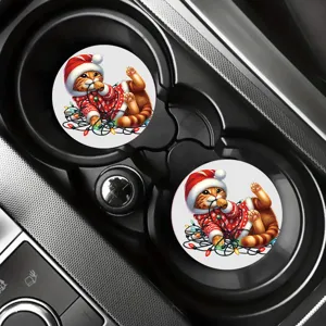 Christmas cat car cup holder coasters set, cute feline graphic design for vehicle interior decor.