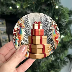 Christmas tree hanging ornament and car coaster with colorful reindeer and gift boxes design.