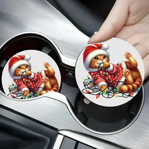 Detail shot of a cute Christmas cat car cup coaster placed in a cup holder, anti-slip accessory.