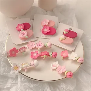 Cute pink flower hair clips sweet cherry blossom side clips Korean style hair accessories for women