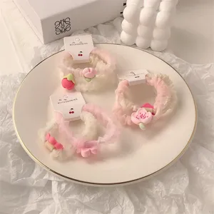 Cute pink sheer mesh hair scrunchies with floral and fruit charms, sweet style hair accessories.