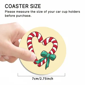Cute Christmas candy cane heart car coaster, premium leather auto cup holder insert mat 7cm.