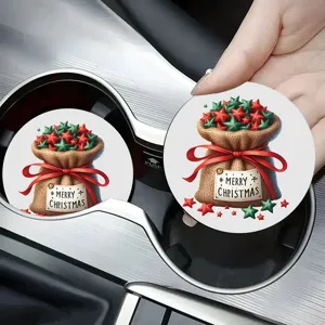 Nahaufnahme des Weihnachts-Auto-Untersetzers mit festlichem Stern- und Jutesack-Design.