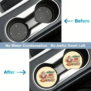 Christmas car cup holder coasters, cartoon Santa absorbent anti-slip pads for auto interior.
