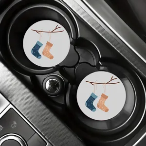 Cute Christmas socks pattern round car cup coaster, anti-slip soft rubber auto accessory.