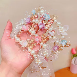 Kids pearl floral crown headband for wedding flower girls, fairy princess hair accessories.