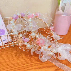 Kids fairy pearl floral headband princess hair hoop wedding flower girl hair accessories