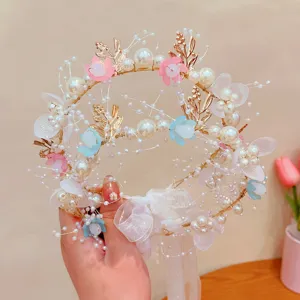 Kids pearl flower crown headband fairy princess hair accessory for wedding flower girl dress up