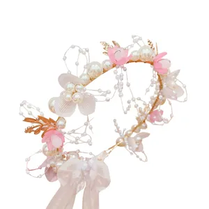 Children fairy pearl floral crown headband with pink ribbon, perfect for wedding flower girl.