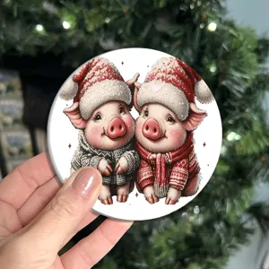 Detailed closeup of cute Christmas pigs round silicone coaster, festive home decor tableware mat.