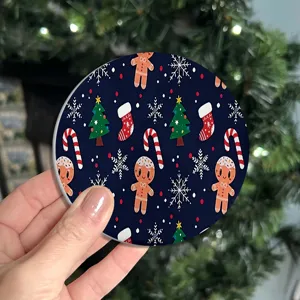 Christmas ceramic coaster with cute gingerbread man pattern, absorbent cork base for coffee cups.