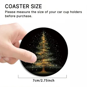 Christmas car coaster detail view showing 7cm size and sparkling golden tree design clearly.
