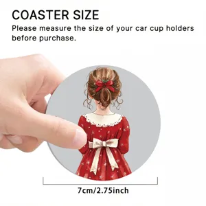 Car cup coaster detail view showing the cute watercolor girl illustration and product size.