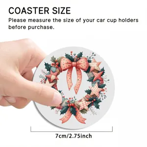Christmas car coaster 7cm round absorbent ceramic cup holder mat with festive wreath bow design.