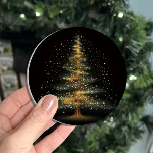 Christmas tree printed round coaster table decor, festive coffee cup mat for home party.