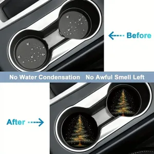 Christmas car cup holder coasters, waterproof anti-slip tree pattern mats for auto interior.