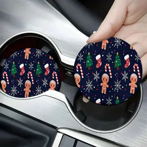 Christmas car cup coaster with cute gingerbread man pattern, absorbent ceramic material.