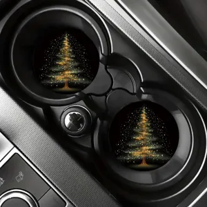 Christmas car coasters with gold glitter tree design, non-slip absorbent cup holder mats.