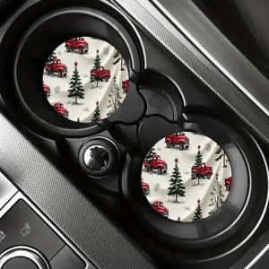 Christmas car cup coasters set, absorbent round vehicle drink mat with red truck pattern.