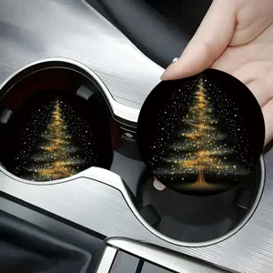 Christmas car cup coaster, round black mat with glowing gold tree design, auto interior decor.