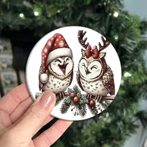 Christmas round coaster detail featuring cute holiday owls graphic, anti-slip table placemat decor.