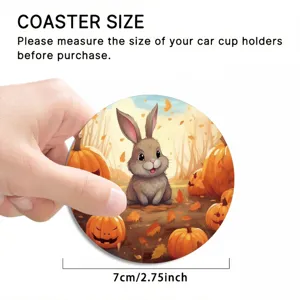 Cute autumn bunny and pumpkin car cup coaster detail view 7cm diameter size display.