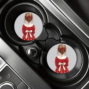 Detail view of cute car coasters featuring a sweet girl illustration, perfect for interior decor.