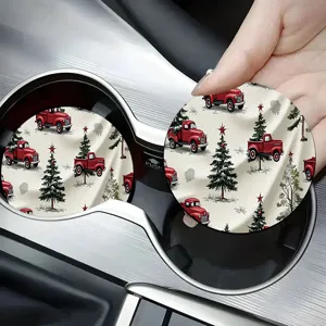 Christmas car cup coaster, festive red truck and tree print, absorbent ceramic vehicle mat.