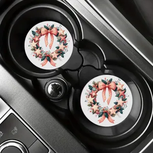 Christmas wreath car cup coasters, pink bow and star print, non-slip silicone auto coasters.