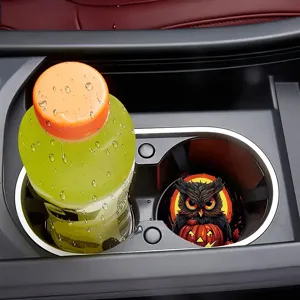Sottobicchiere auto Halloween antiscivolo per portabicchieri con gufo e zucca dettaglio.