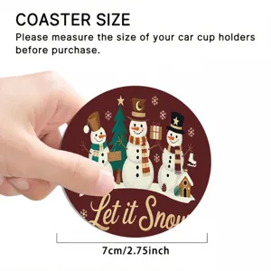 Detailed view of the round Christmas car coaster with festive snowman pattern for daily use.