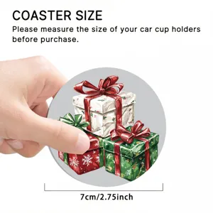 Car cup coaster with Christmas gift box print, absorbent anti-slip vehicle drink holder pad.