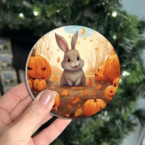 Cute autumn bunny pumpkin round coaster detail, premium holiday table decor coffee mat view.
