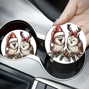 Christmas owl car coaster detail shot, cute holiday silicone cup mat for auto and home decor.