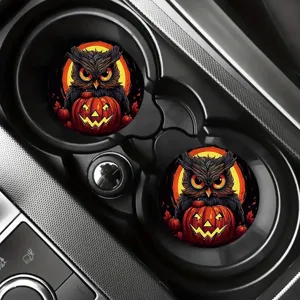 Set sottobicchieri auto Halloween, tappetini assorbenti antiscivolo con design gufo e zucca.