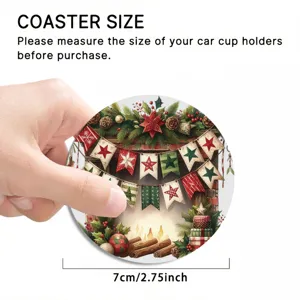 Close-up detail of a 7cm Christmas car coaster featuring fireplace design for vehicle cup holders.