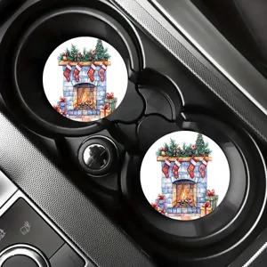 Sottobicchieri natalizi per porta-bevande auto con caminetto ad acquerello e regali festivi.