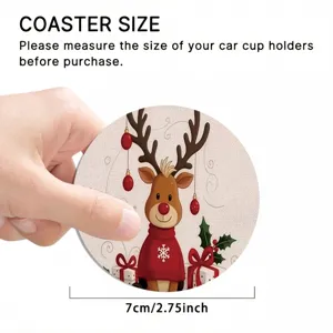 Close-up detail view of the round Christmas car coaster showing cute reindeer pattern size.