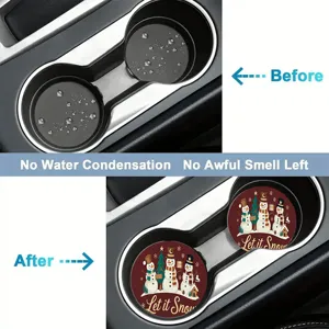 Christmas car cup holder coasters, absorbent round non-slip rubber mat for auto interior use.