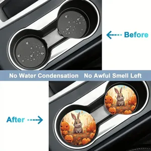 Absorbent ceramic car cup coasters with cute bunny pumpkin design for auto interior decor