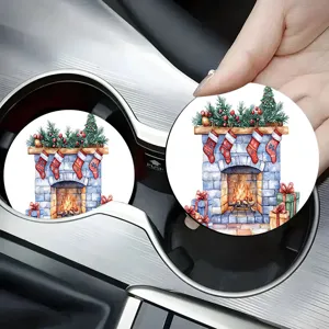 Dettaglio sottobicchiere auto Natale, motivo camino, tappetino antiscivolo assorbente