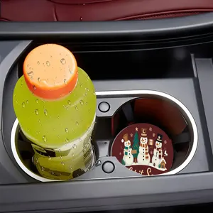 Christmas round car cup coaster with cute snowman print, ideal for auto interior decoration.