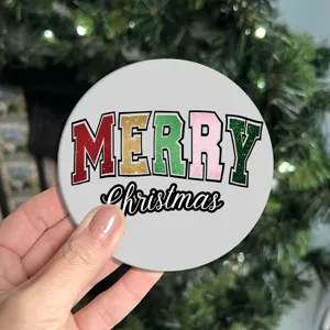 Sottobicchiere rotondo decorazione albero di Natale con glitter MERRY Christmas testo decorativo.
