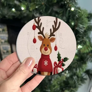 Christmas round absorbent coaster with cute reindeer pattern, heat-resistant table mat.