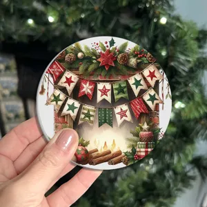 Detailed close-up view of the Christmas fireplace pattern round cup coaster, holiday decor.