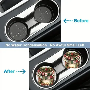 Christmas car cup holder coaster, anti-slip absorbent silicone pad for auto interior decor.