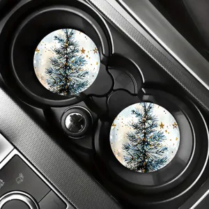Sottobicchieri auto Natale, albero acquerello blu stelle dorate, tappetini portabicchieri rotondi.