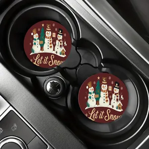 Christmas round car cup coasters set with cute snowman pattern for home and auto decor